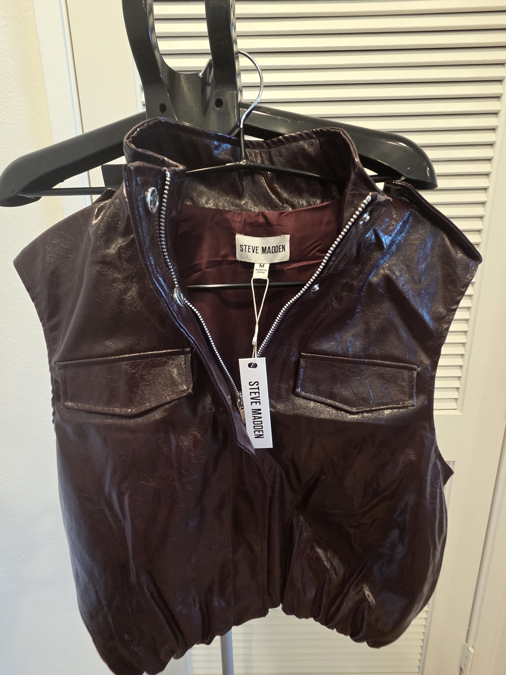 NWT Steve Madden Burgundy Faux Leather Vest Medium Trench Moto Puffer Layering